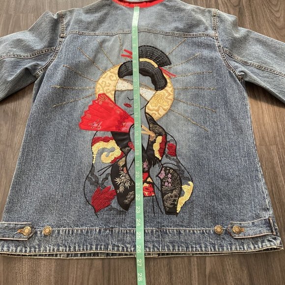 CHICO'S Design Womens Size 2 Embellished Geisha Beaded Embroidered Denim Jacket - Picture 10 of 14